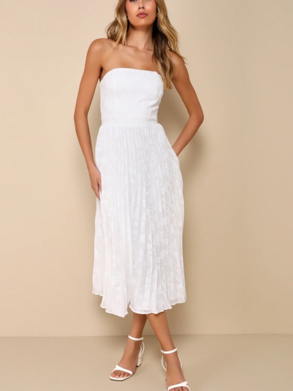 Lulu's White Strapless Pleated Midi Dress